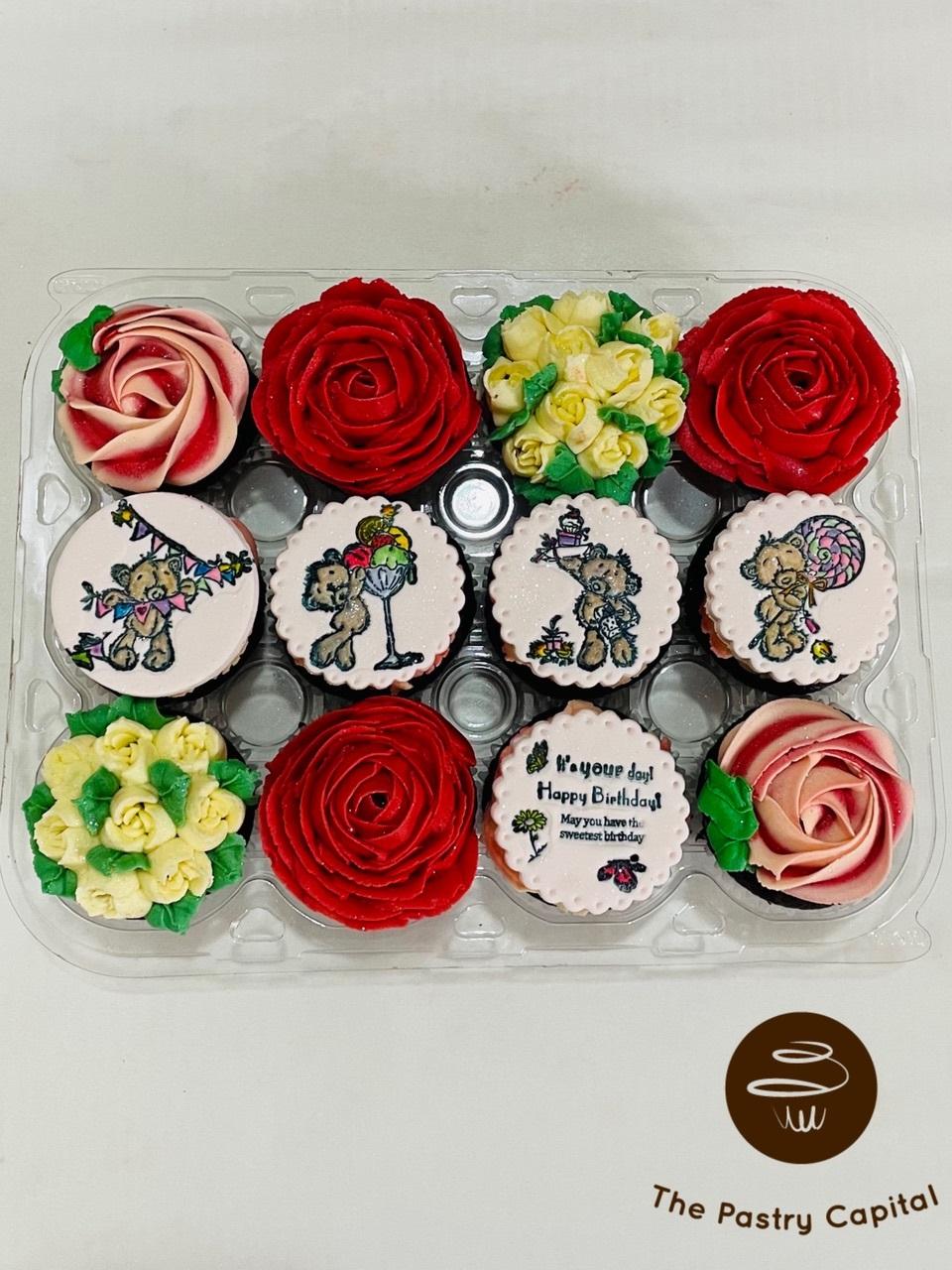 Birthday Teddy & Floral Cupcake Medley